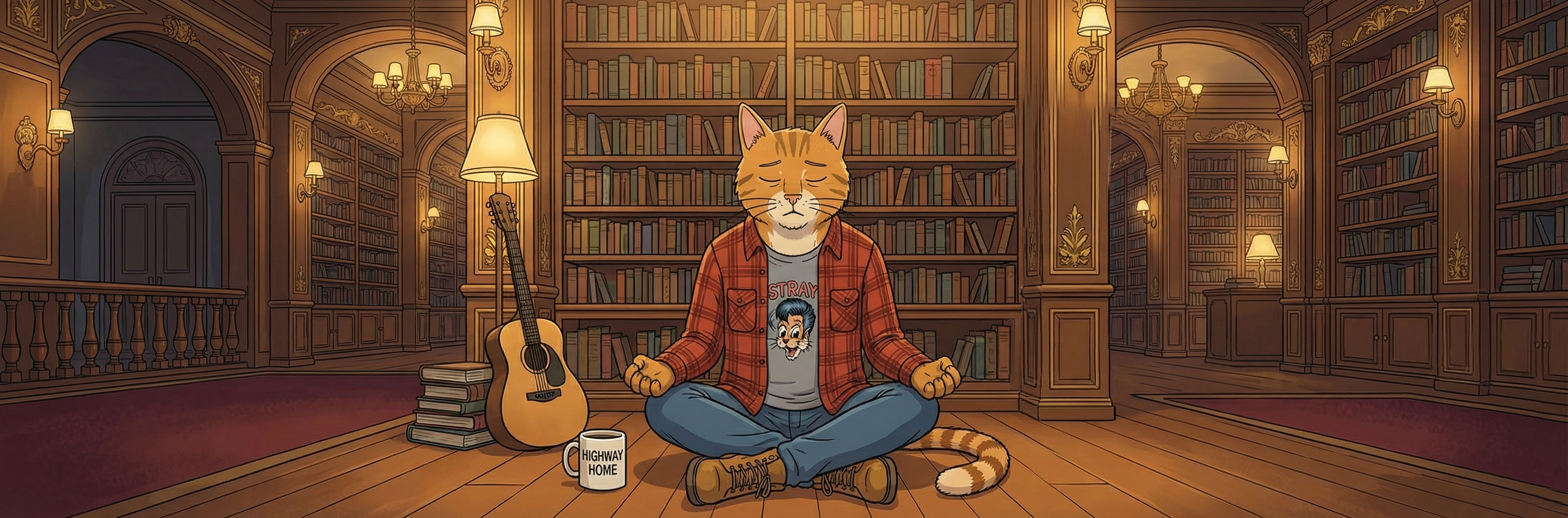 The Life Neurotic — an orange tabby cat in flannel, sitting in lotus position in an ornate library, guitar and Highway Home mug beside him