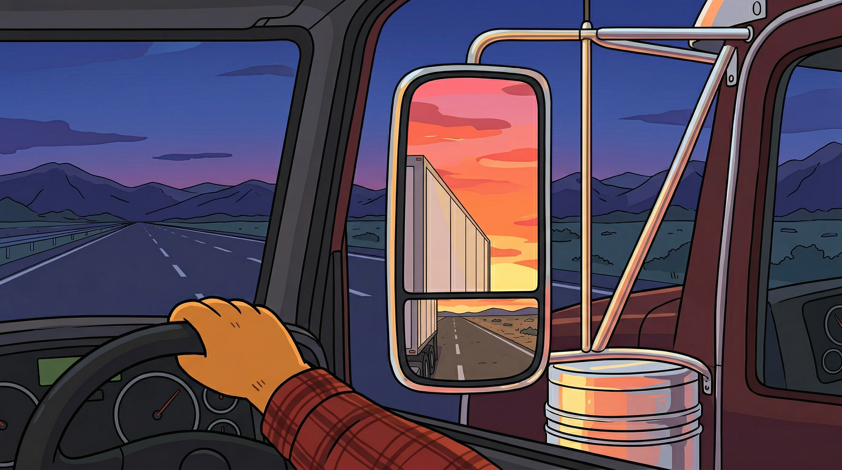 Mirror sunset on the highway