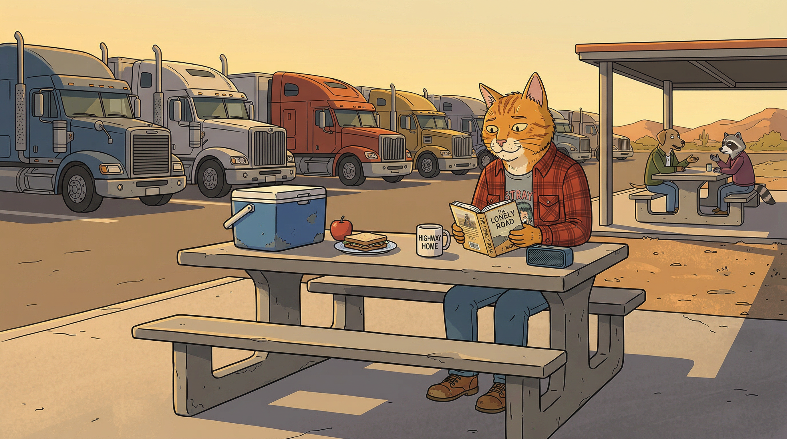 Rest stop, trucks, picnic table, reading
