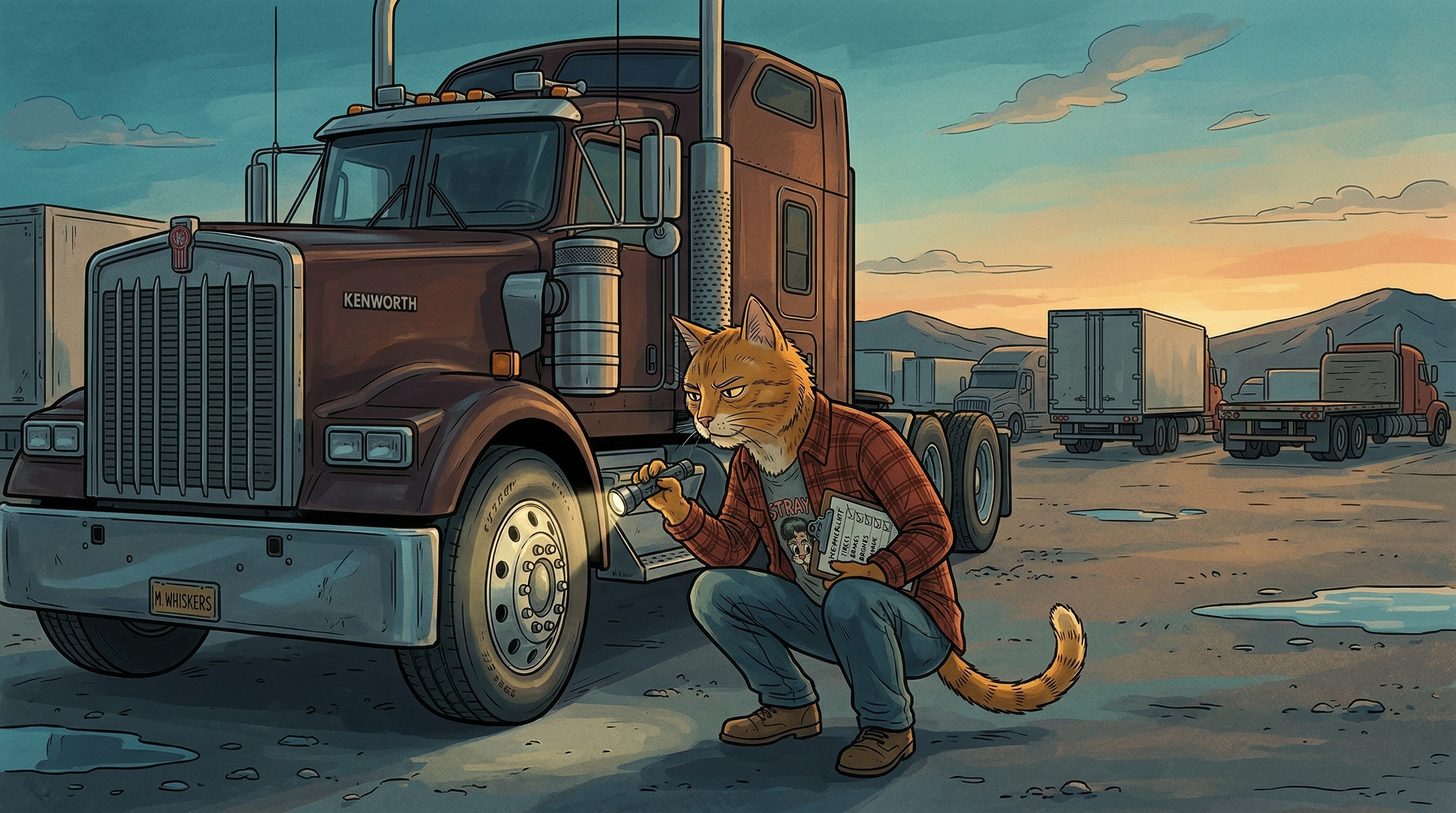 Pre-trip inspection at sunset