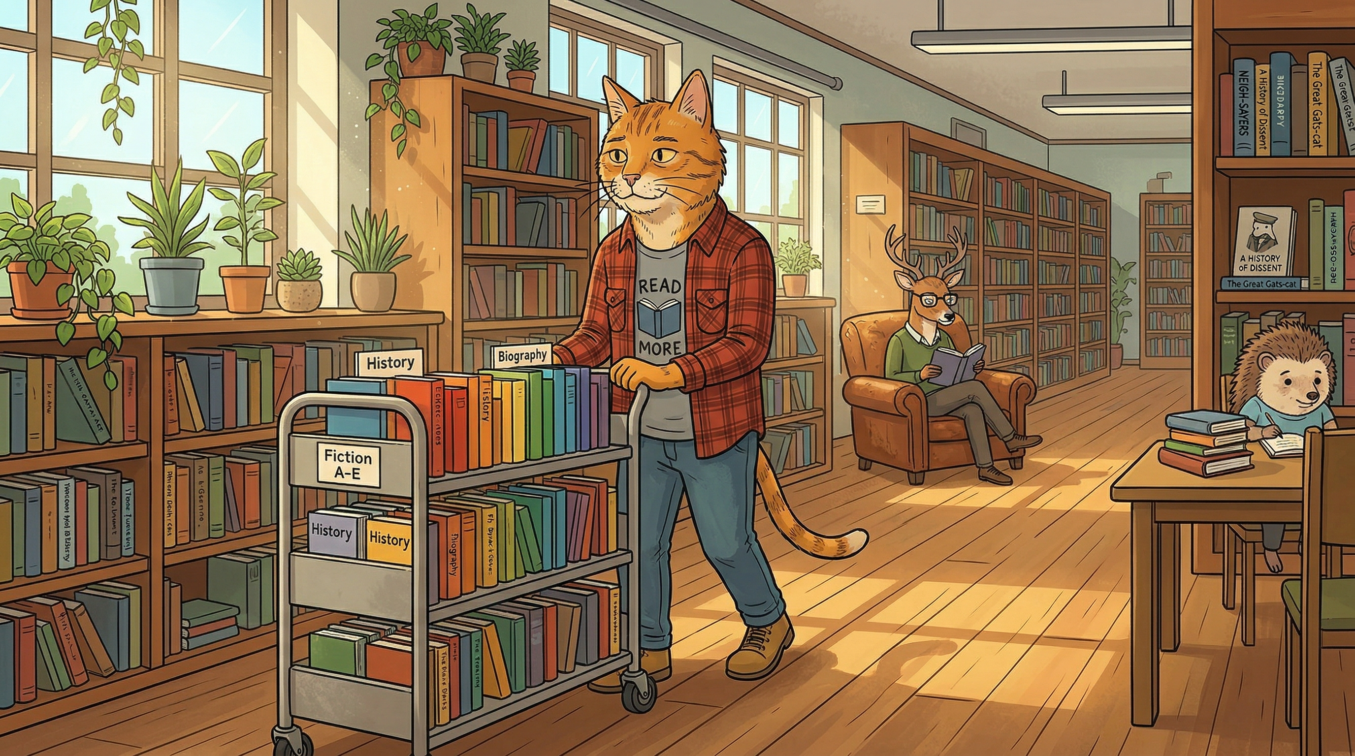 Pushing the bookcart through the stacks